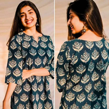 Sufiyana Ámour's Deep Teal Block-Print Viscose Rayon Ethnic Top for Women