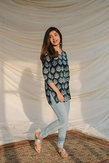 Sufiyana Ámour's Deep Teal Block-Print Viscose Rayon Ethnic Top for Women