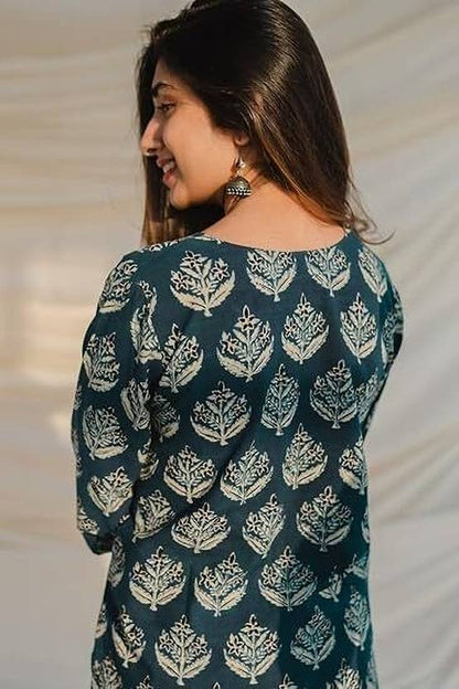 Sufiyana Ámour's Deep Teal Block-Print Viscose Rayon Ethnic Top for Women