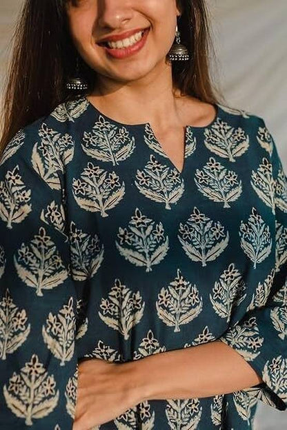 Sufiyana Ámour's Deep Teal Block-Print Viscose Rayon Ethnic Top for Women