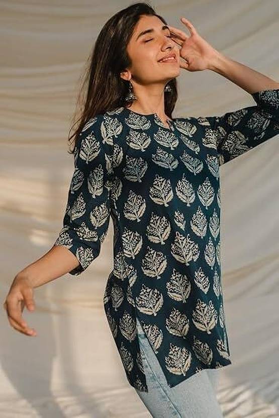 Sufiyana Ámour's Deep Teal Block-Print Viscose Rayon Ethnic Top for Women