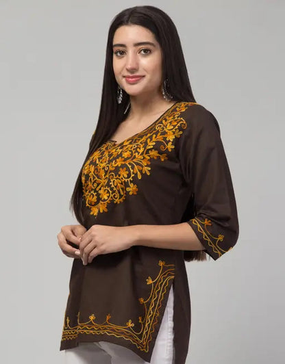 Sufiyana Ámour's Deep Brown Embroidered Cotton Kurti for Women