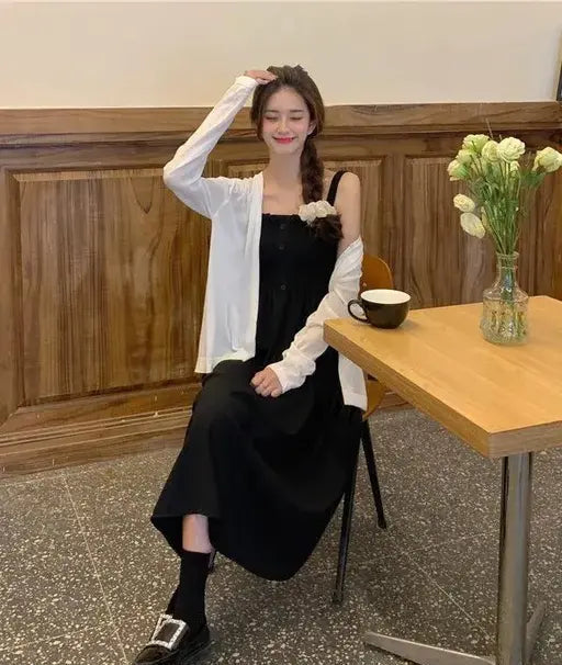 Sufiyana Ámour's Black Crepe Maxi Dress with White Tie-Front Shirt