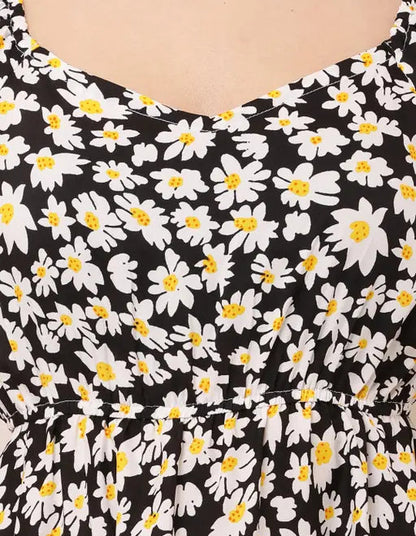 Sufiyana Ámour's Black and White Daisy Print Polyester Midi Dress for Women
