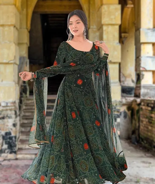 Sufiyana Ámour's Dark Green Bandhani Print Georgette Anarkali Gown with Dupatta for Women