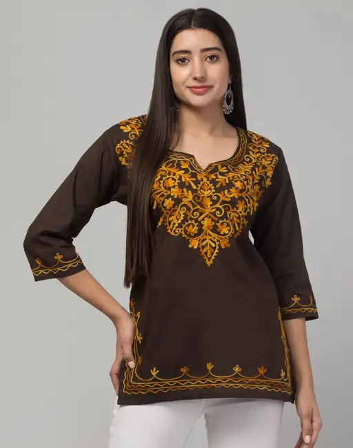 Sufiyana Ámour's Deep Brown Embroidered Cotton Kurti for Women
