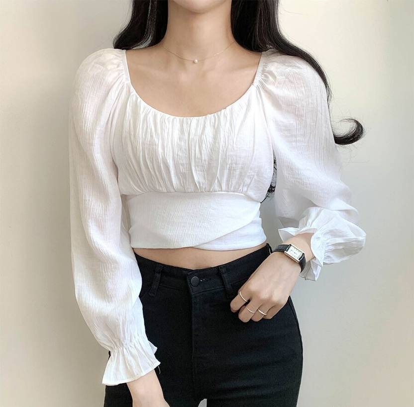 Sufiyana Ámour's White Tie-Back Bow Cotton Blend Crop Top for Women