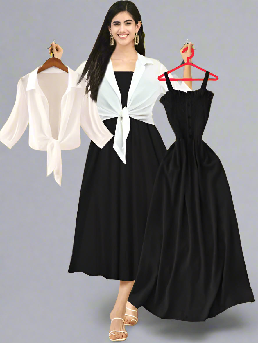 Sufiyana Ámour's Black Crepe Maxi Dress with White Tie-Front Shirt