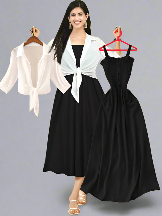 Sufiyana Ámour's Black Crepe Maxi Dress with White Tie-Front Shirt