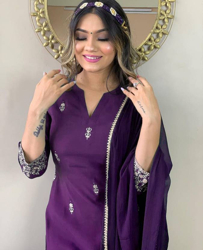 Sufiyana Ámour's Deep Purple Embroidered Kurta, with Pant, and Dupatta Set for Women