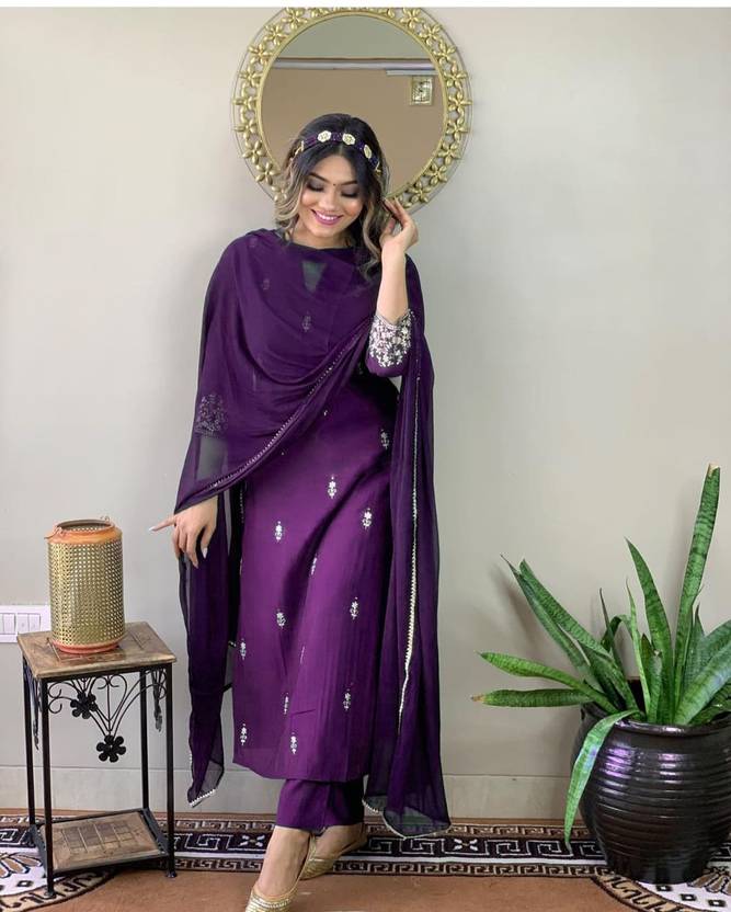 Sufiyana Ámour's Deep Purple Embroidered Kurta, with Pant, and Dupatta Set for Women