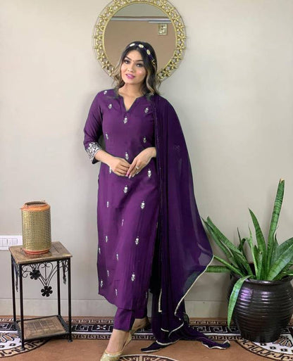 Sufiyana Ámour's Deep Purple Embroidered Kurta, with Pant, and Dupatta Set for Women
