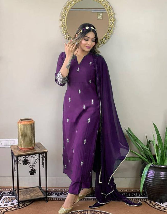 Sufiyana Ámour's Deep Purple Embroidered Kurta, with Pant, and Dupatta Set for Women