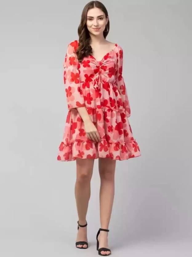 Sufiyana Ámour's Red and Pink Floral Poly Crepe A-Line Dress for Women