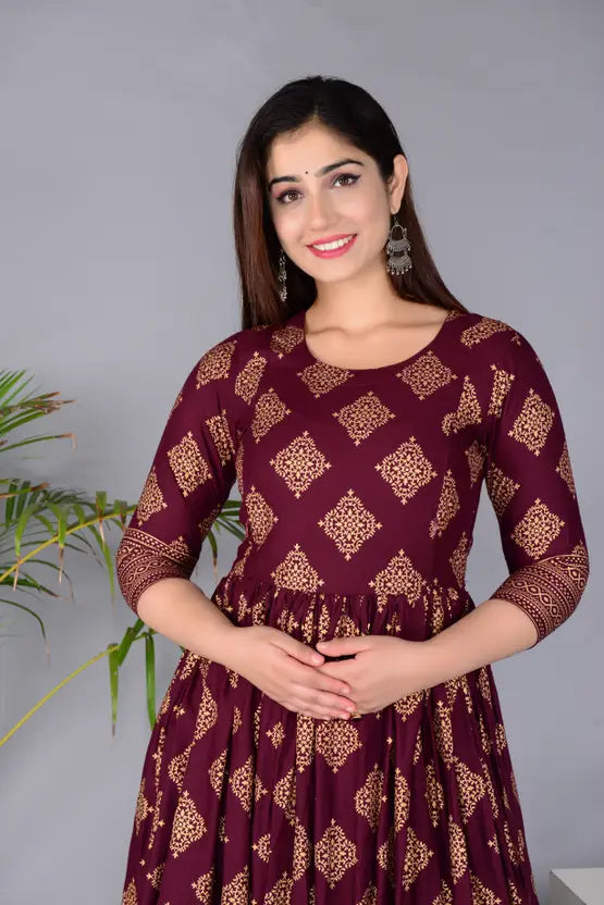 Sufiyana Ámour's Maroon Printed Rayon Flared Anarkali Kurta for Females