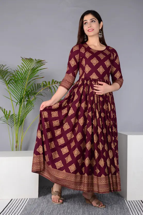 Sufiyana Ámour's Maroon Printed Rayon Flared Anarkali Kurta for Females