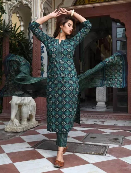 Sufiyana Ámour's Dark Teal Green Geometric Print Kurta, Palazzo Pants, and Dupatta Set for Women