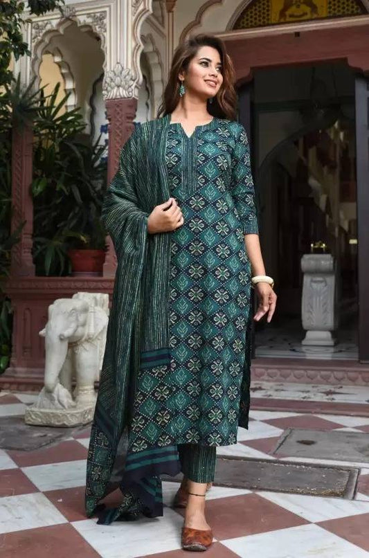 Sufiyana Ámour's Dark Teal Green Geometric Print Kurta, Palazzo Pants, and Dupatta Set for Women