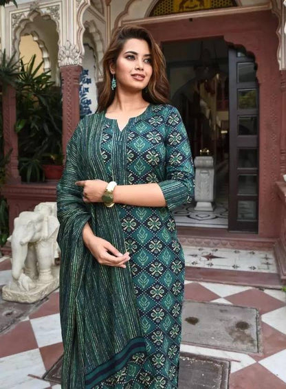 Sufiyana Ámour's Dark Teal Green Geometric Print Kurta, Palazzo Pants, and Dupatta Set for Women