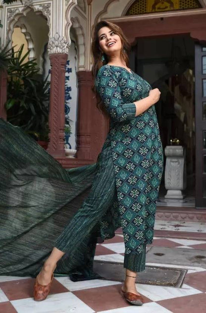 Sufiyana Ámour's Dark Teal Green Geometric Print Kurta, Palazzo Pants, and Dupatta Set for Women