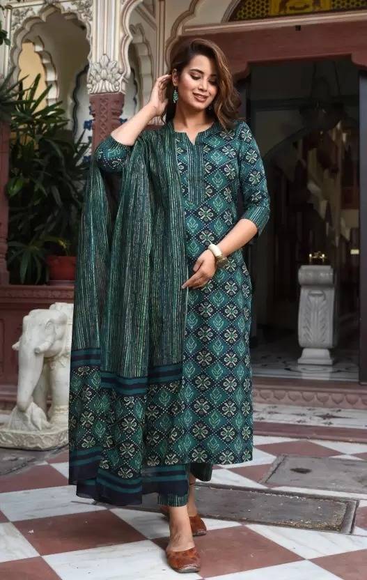 Sufiyana Ámour's Dark Teal Green Geometric Print Kurta, Palazzo Pants, and Dupatta Set for Women