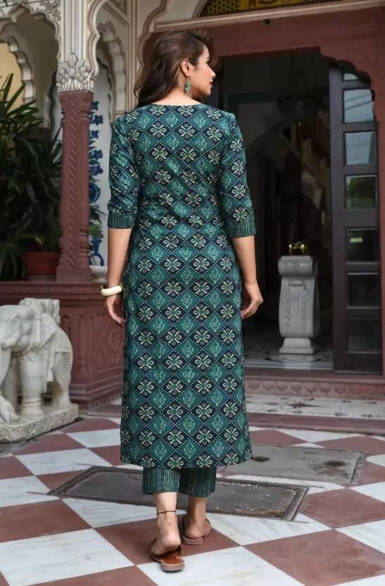 Sufiyana Ámour's Dark Teal Green Geometric Print Kurta, Palazzo Pants, and Dupatta Set for Women