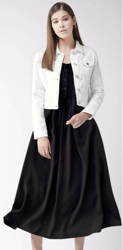 Sufiyana Ámour's Black Midi Dress with White Denim Jacket Set for Women