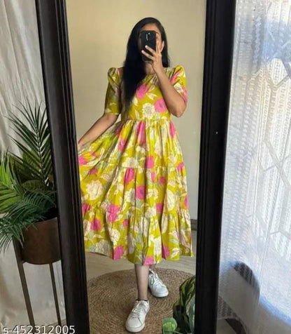 Sufiyana Ámour's Light Yellow-Green Floral Print Cotton Blend Gown Kurti for Women