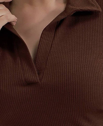 Sufiyana Ámour's Deep Brown Ribbed Collar V-Neck Polyester Top for Women