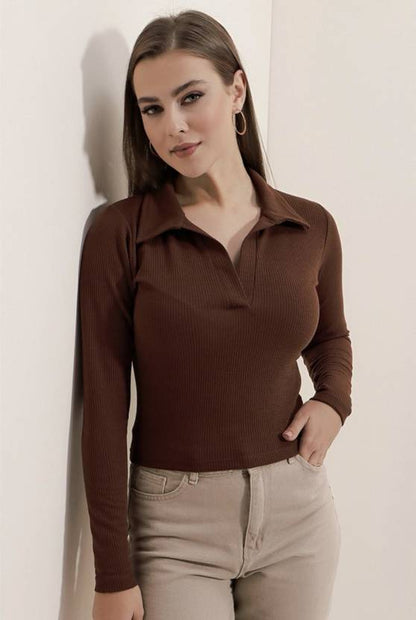 Sufiyana Ámour's Deep Brown Ribbed Collar V-Neck Polyester Top for Women