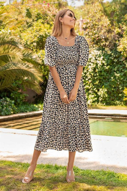 Sufiyana Ámour's Black Daisy Print Crepe Midi Dress for Women