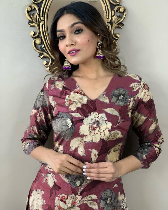Sufiyana Ámour's Wine-Brown Floral Print Kurta and Pant Set for Women