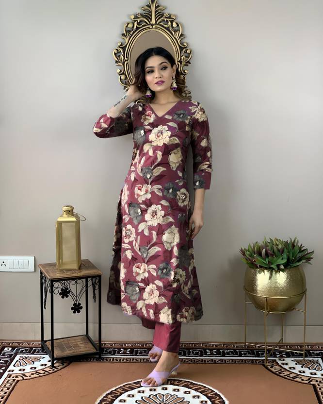 Sufiyana Ámour's Wine-Brown Floral Print Kurta and Pant Set for Women