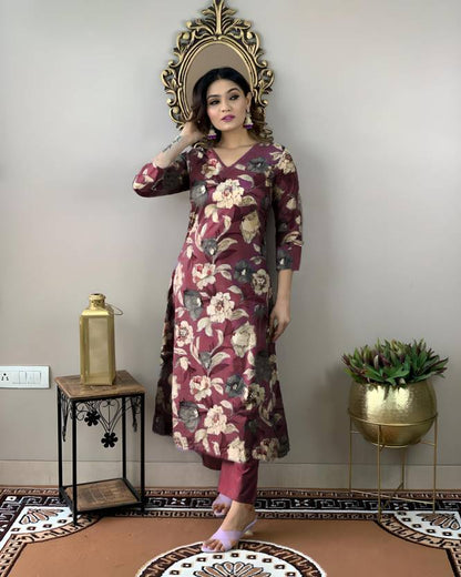 Sufiyana Ámour's Wine-Brown Floral Print Kurta and Pant Set for Women