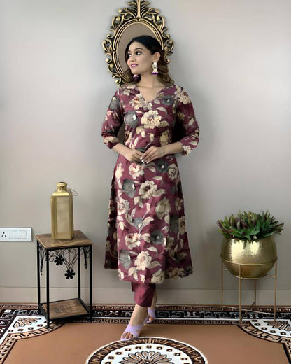 Sufiyana Ámour's Wine-Brown Floral Print Kurta and Pant Set for Women
