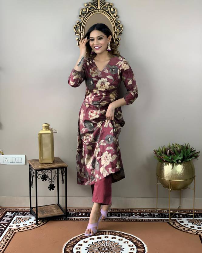 Sufiyana Ámour's Wine-Brown Floral Print Kurta and Pant Set for Women