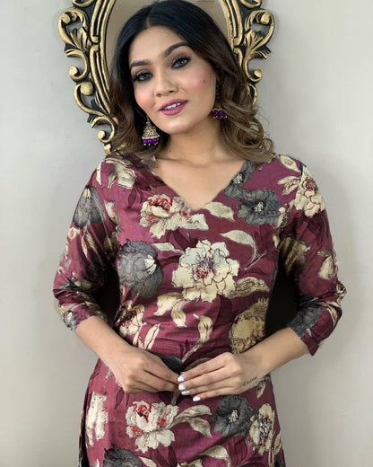 Sufiyana Ámour's Wine-Brown Floral Print Kurta and Pant Set for Women