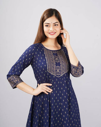 Sufiyana Ámour's Navy Blue & Gold Printed Anarkali Kurta for Females