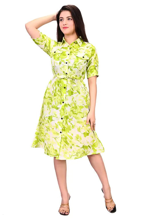 Sufiyana Ámour's Light Green Floral Cotton Shirt Dress for Women